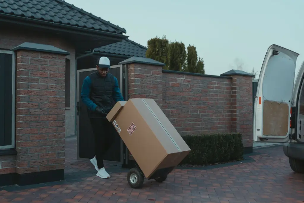 Persona moviendo una caja grande con una carretilla de mano a la entrada de una casa