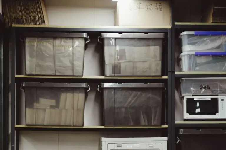 Estanterías metálicas con cajas de almacenaje de plástico ordenadas