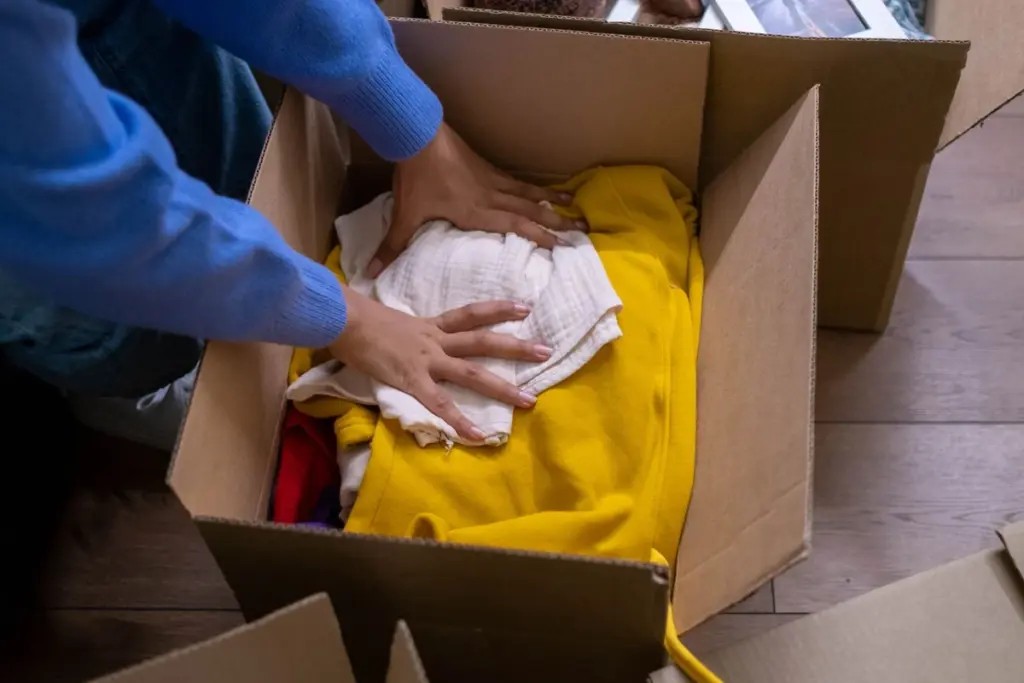 Manos metiendo ropa en una caja de cartón para sacarla de casa