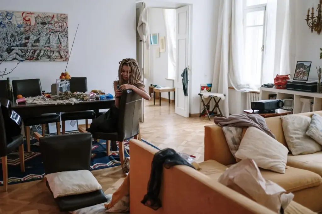 Salón desordenado con ropa y cojines sobre el sofá y la mesa llena de objetos